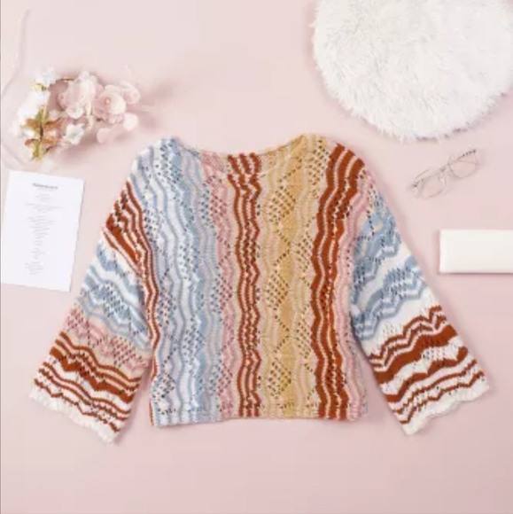 New Multicolor Stripe Knit Hollow Out Drop Shoulder Sweater - Picture 9 of 12